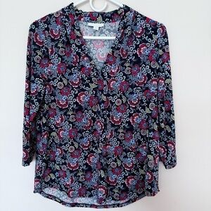 Charter Club Navy Blue Multicolor Floral 3/4 Sleeve V-Neck Blouse size Petite M